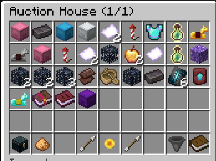 LoungeSMP Auction House menu showing player item listings
