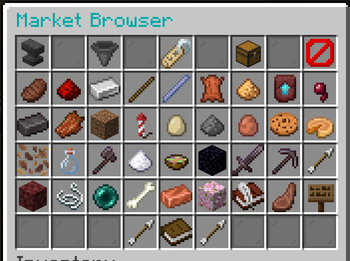 LoungeSMP Market Browser menu showing item categories and shop listings