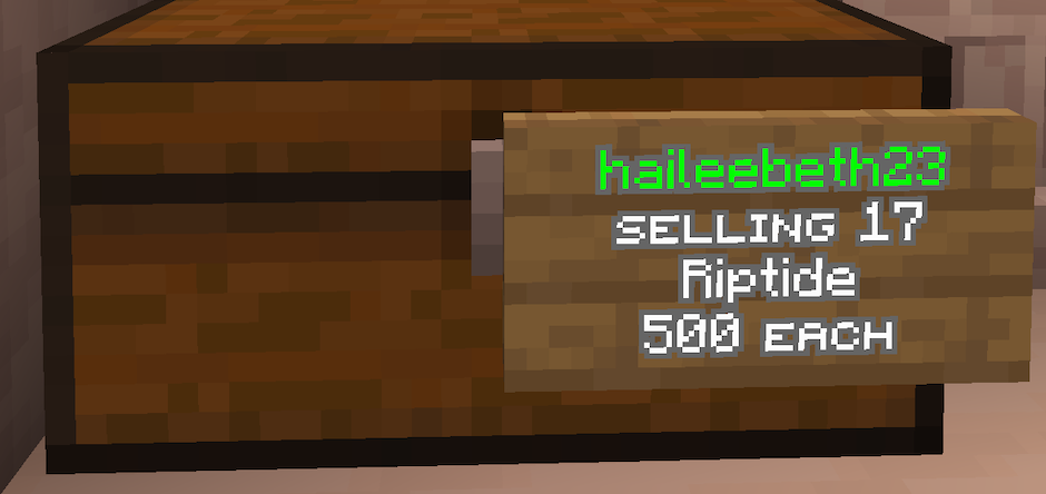 Example LoungeSMP ChestShop sign showing a player selling Riptide for 500 each