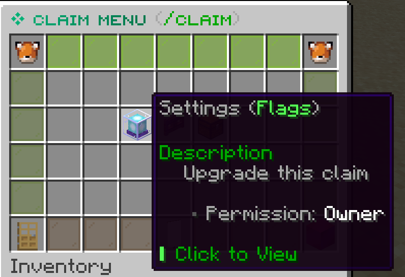 LoungeSMP claim menu showing Settings flags entry tooltip