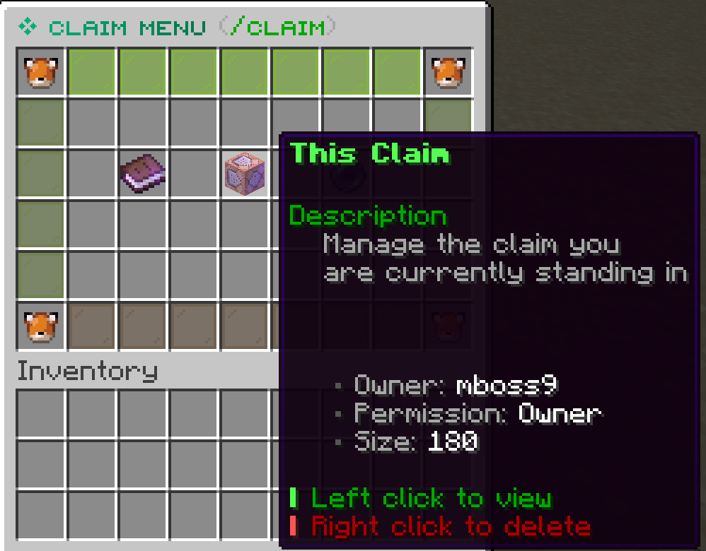 LoungeSMP claim menu showing This Claim tooltip with owner, permission, size, view, and delete actions