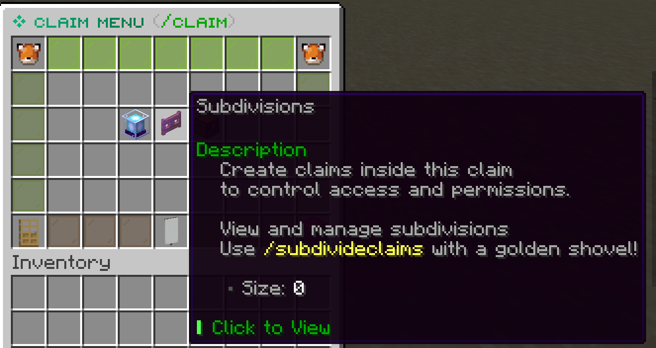 LoungeSMP claim subdivisions menu explaining how to view and manage subdivisions